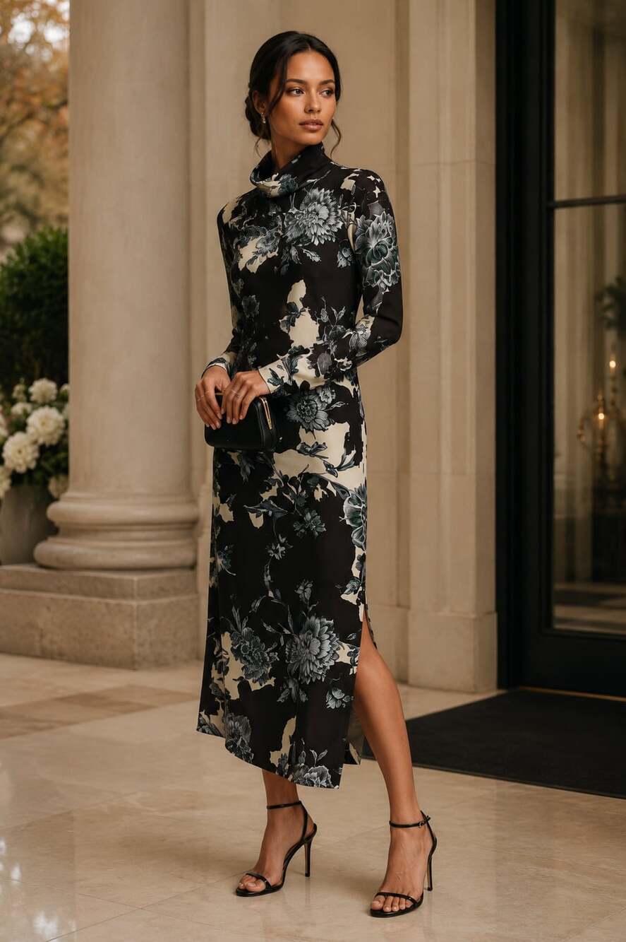 REISS Theresa Floral High Neck Midi Dress โ US 6 Black Botanical Wedding Guest